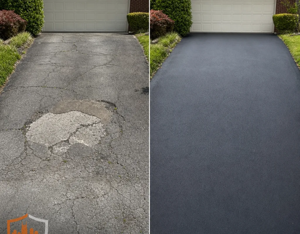 Before-and-after view of a cracked Nashville driveway replaced with a smooth asphalt mat and clean garage tie-in