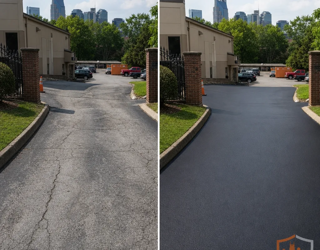 Before-and-after commercial parking lot showing faded gray asphalt and an evenly sealed dark finish from the same entrance angle