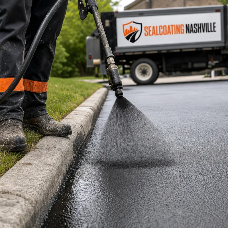 Close-up of sealcoat being spray-applied with a consistent fan pattern and wet-edge control along a curb