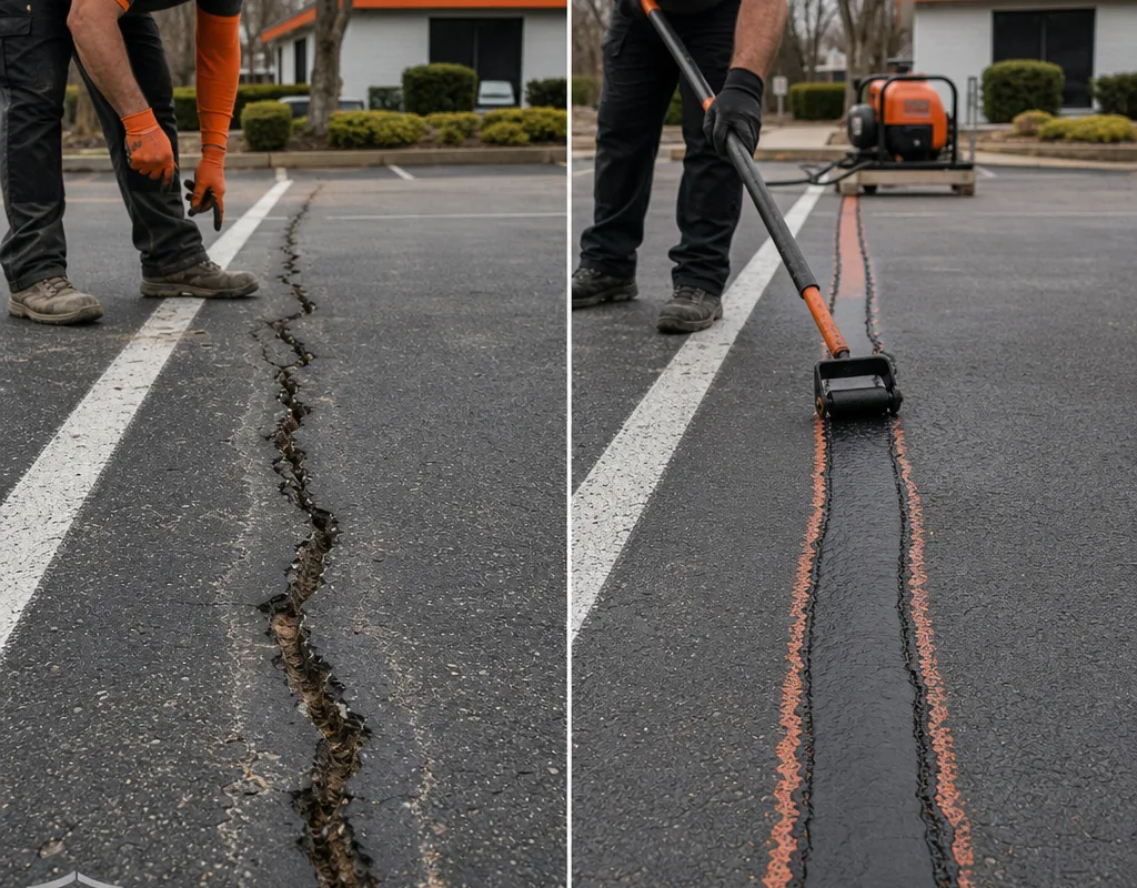 Before-and-after view showing a long transverse parking-lane crack open and then neatly sealed and banded