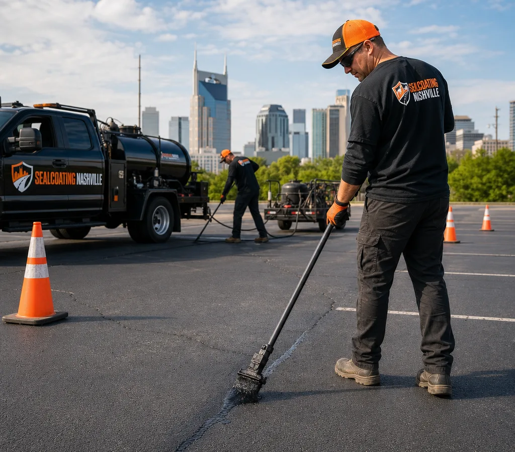Crew applying hot rubberized crack sealant to a commercial asphalt parking lot in Nashville with cones and traffic control visible