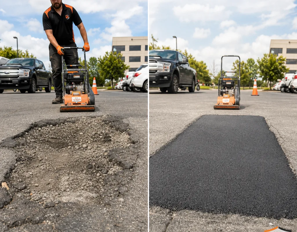 Before-and-after comparison of a broken Nashville parking lot pothole and the same area after squared patching and compaction