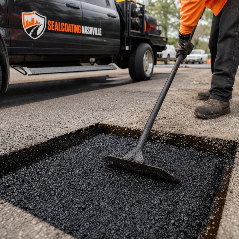 Squared pothole repair with clean saw-cut edges, tack coat, and fresh hot-mix asphalt being leveled before rolling