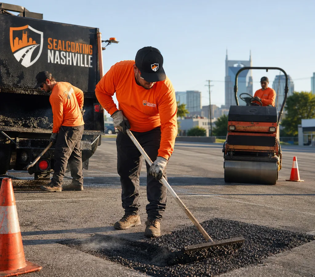 Crew placing hot-mix asphalt into a prepared pothole in a Nashville parking lot with cones and compaction equipment