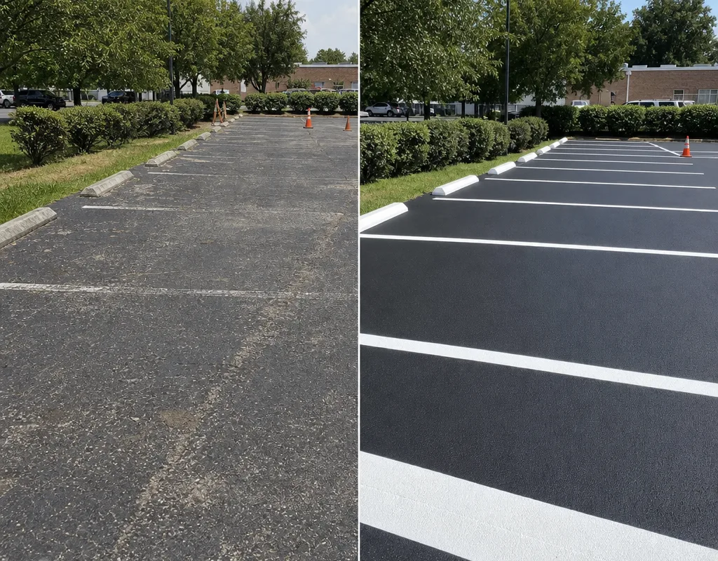 Before and after view of faded parking lot lines and newly painted stall striping and stop bars