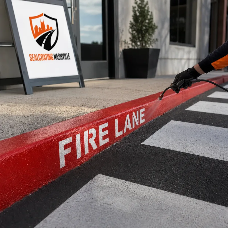 Red fire lane curb paint with a FIRE LANE stencil and adjacent white crosswalk lines at a building entrance