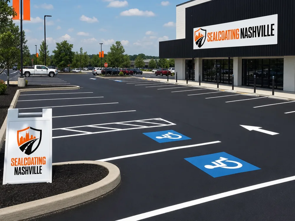 Finished retail parking lot with white stall striping, blue ADA spaces, access aisles, and fresh directional arrows