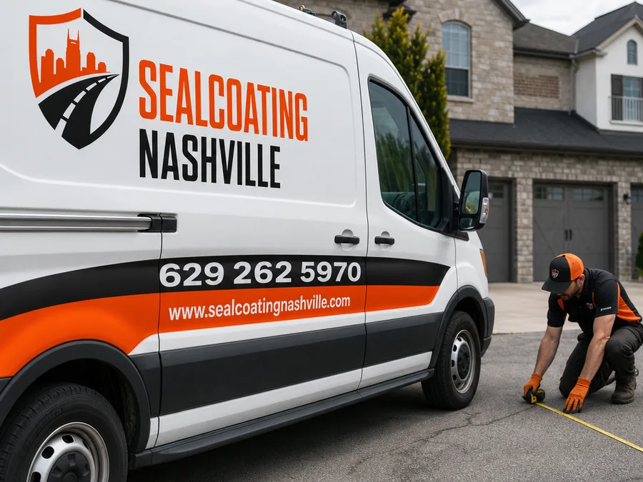 Technician inspecting asphalt condition and measuring a Nashville driveway before sealcoating